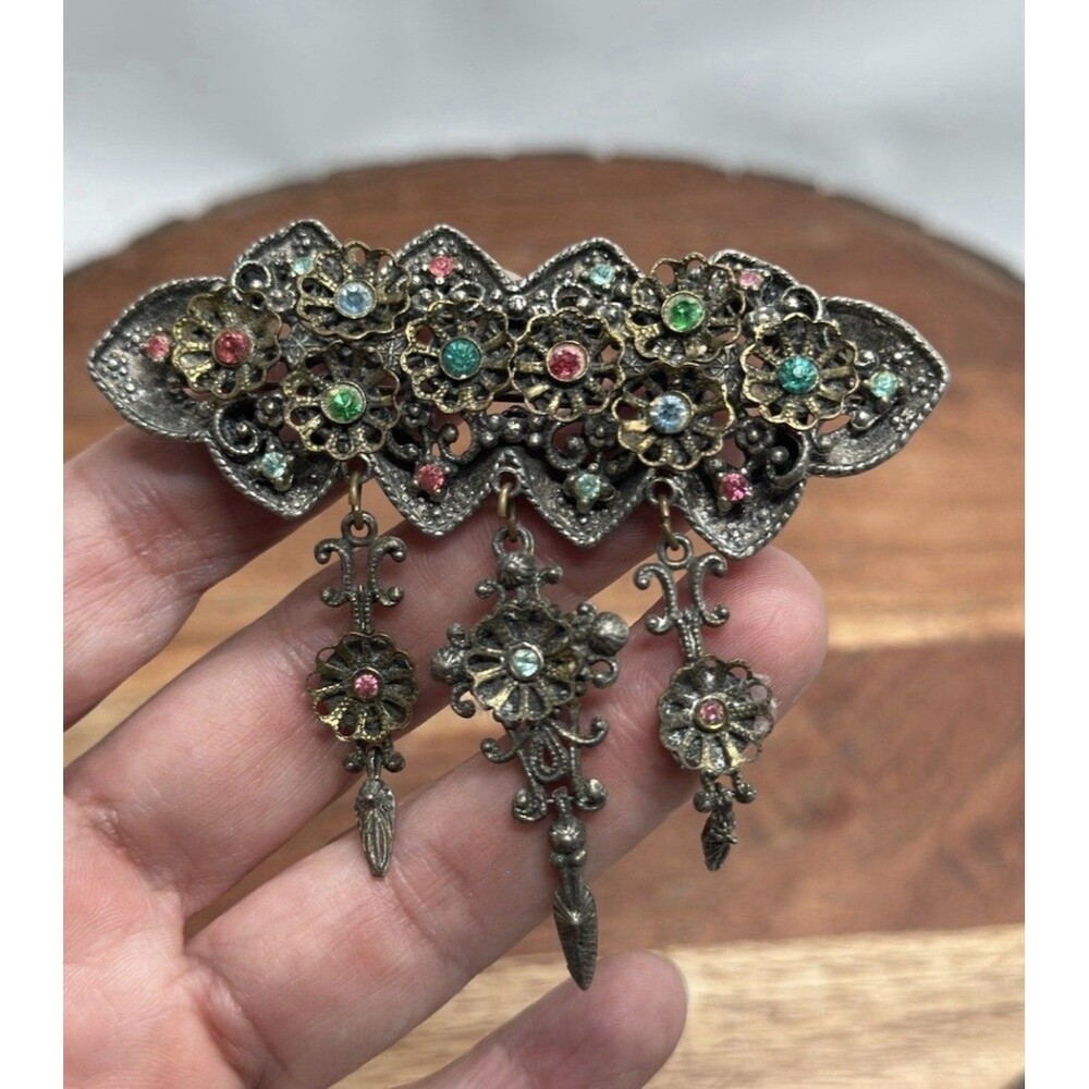 Czech Multi Color Stones Rhinestones Dangle Brooch Pin Large